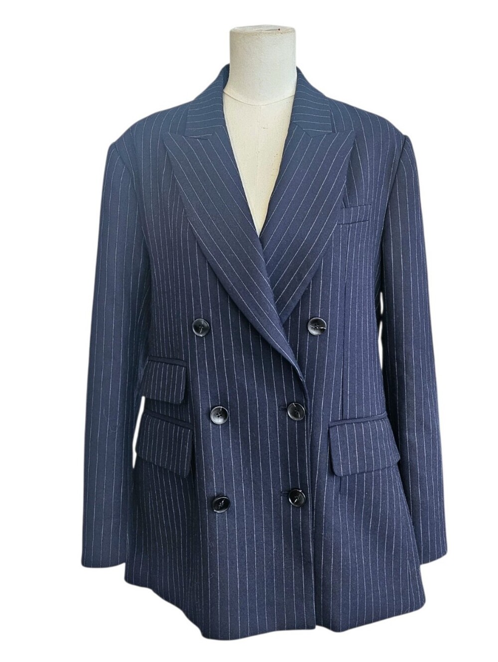 Mayson the Label Pinstripe Double Breasted Wool Blazer Navy Blue size L